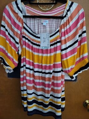 Lily Striped Off-Shoulder Tunic in Pink, Yellow, Navy & Cream